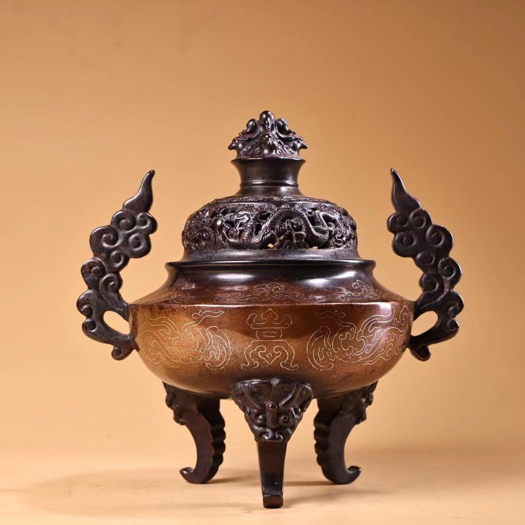 珍品  旧蔵収  精銅  全銅  紫銅  象嵌銀糸 薫香炉