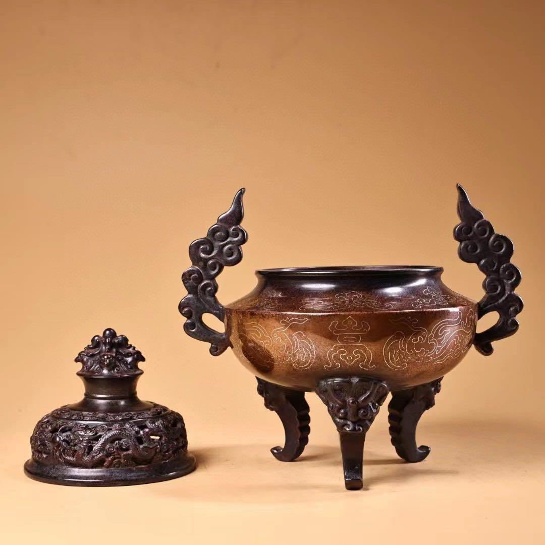 珍品  旧蔵収  精銅  全銅  紫銅  象嵌銀糸 薫香炉