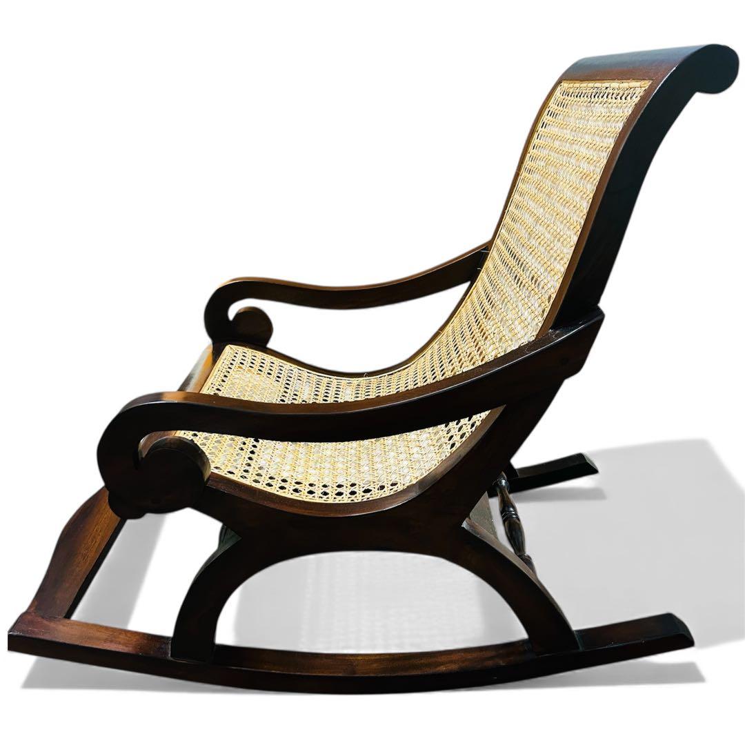 【引き取り限定】ロッキングチェア 木製 チーク×ラタン （藤）ゆったり座れます