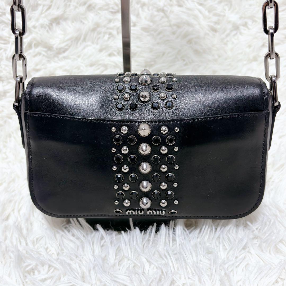 ミュウミュウ ショルダーバッグ チェーン スタッズ シルバー金具 レザー 黒