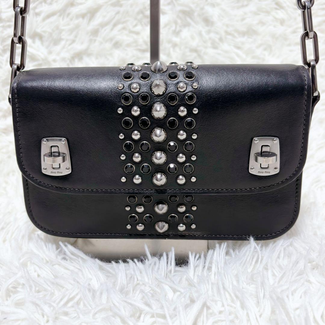 ミュウミュウ ショルダーバッグ チェーン スタッズ シルバー金具 レザー 黒