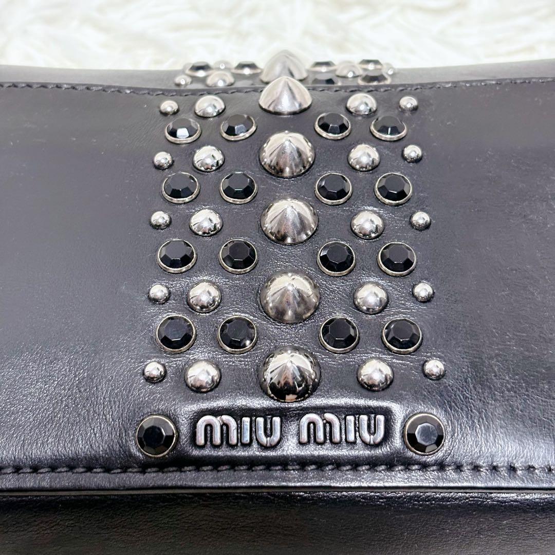 ミュウミュウ ショルダーバッグ チェーン スタッズ シルバー金具 レザー 黒