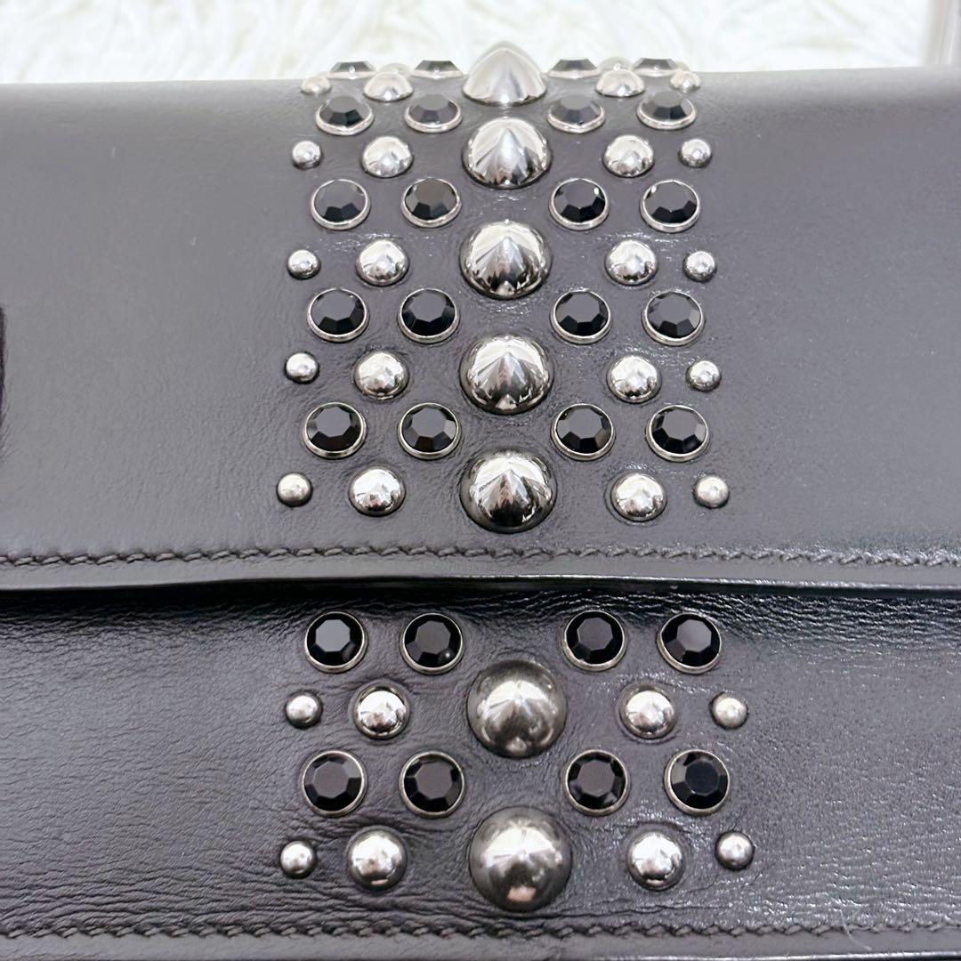 ミュウミュウ ショルダーバッグ チェーン スタッズ シルバー金具 レザー 黒