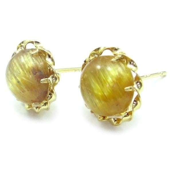 K18YG ゴールデンルチルクォーツ 7mm カボション 大粒 ピアス ゴールド