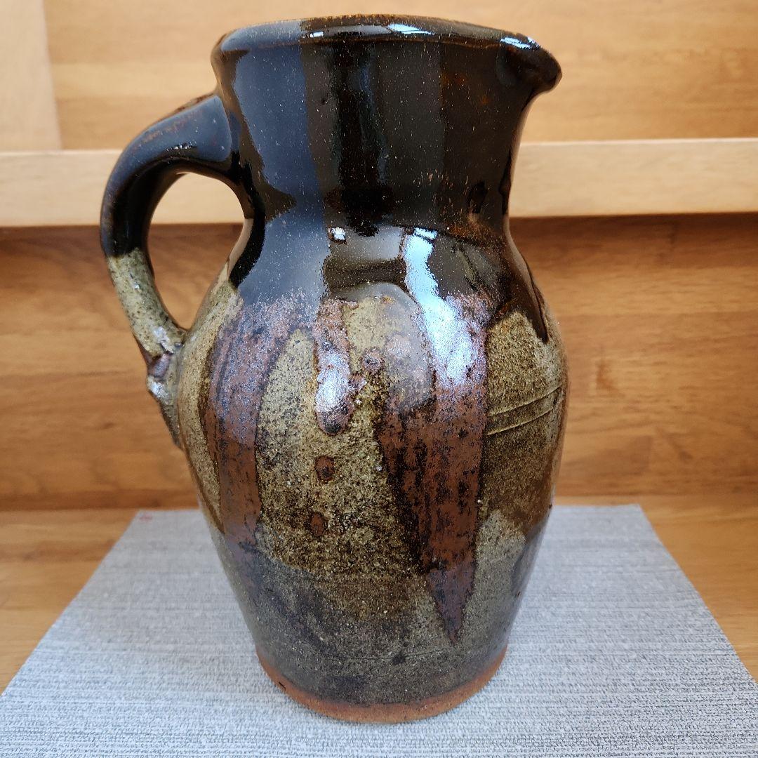 益子焼　村田元　柿黒釉 把手壺　木製箱付き 花器、ピッチャー