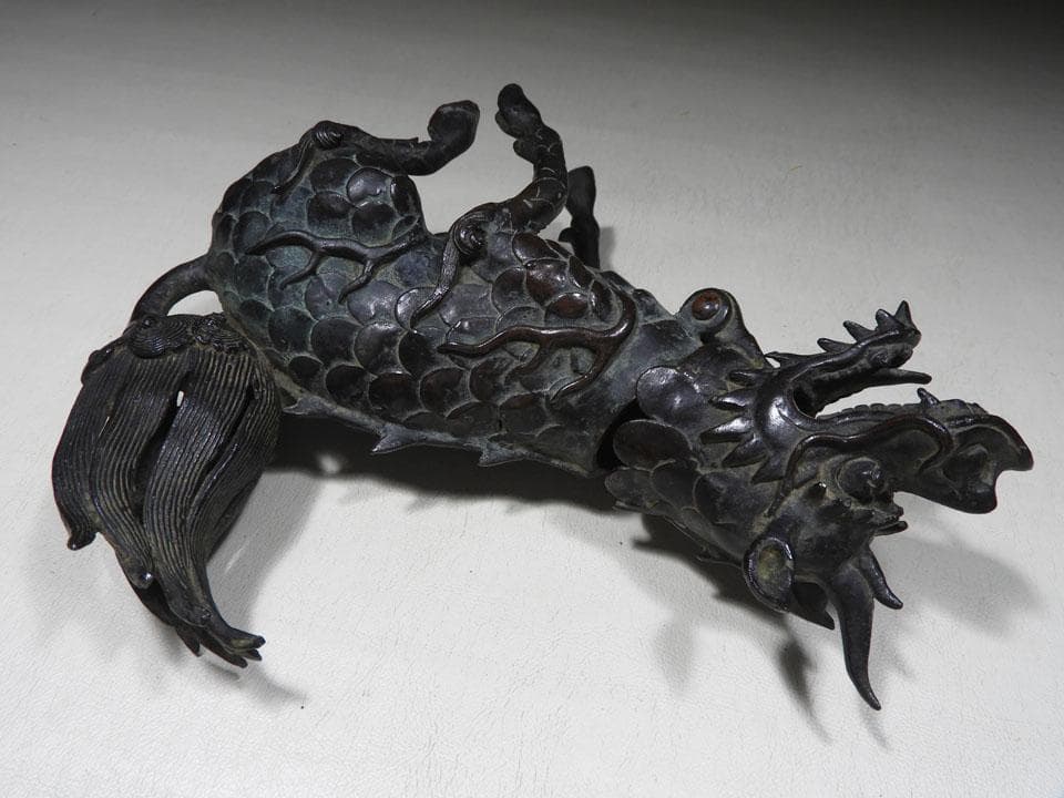 ●貴重 時代物 麒麟銅香炉 神獣 瑞獣 古銅 斑紫銅色 唐金 高さ16.5cm