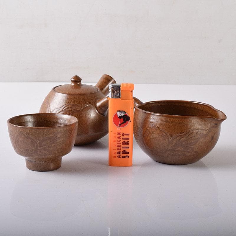 佐渡無名異焼　藤井波山造　朱泥　茶碗五客　急須　湯冷　茶器揃　共箱　VR8436