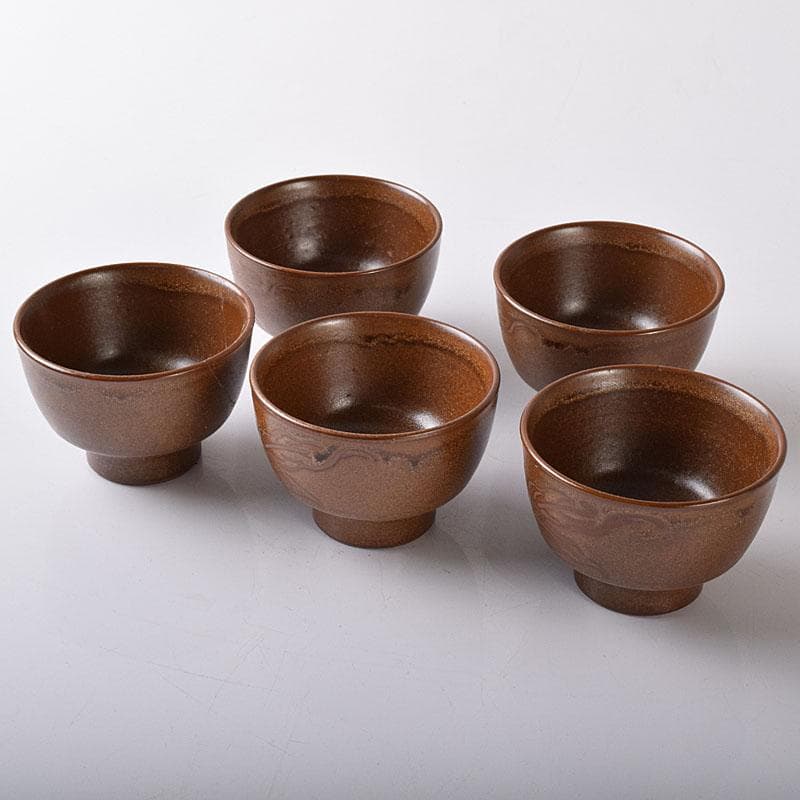 佐渡無名異焼　藤井波山造　朱泥　茶碗五客　急須　湯冷　茶器揃　共箱　VR8436