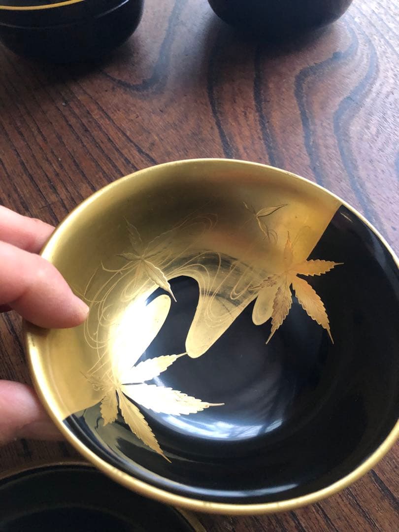 時代逸品！端正な金縁黒漆に極上竜田川蒔絵の映えるお椀2点（検京塗蒔絵椀