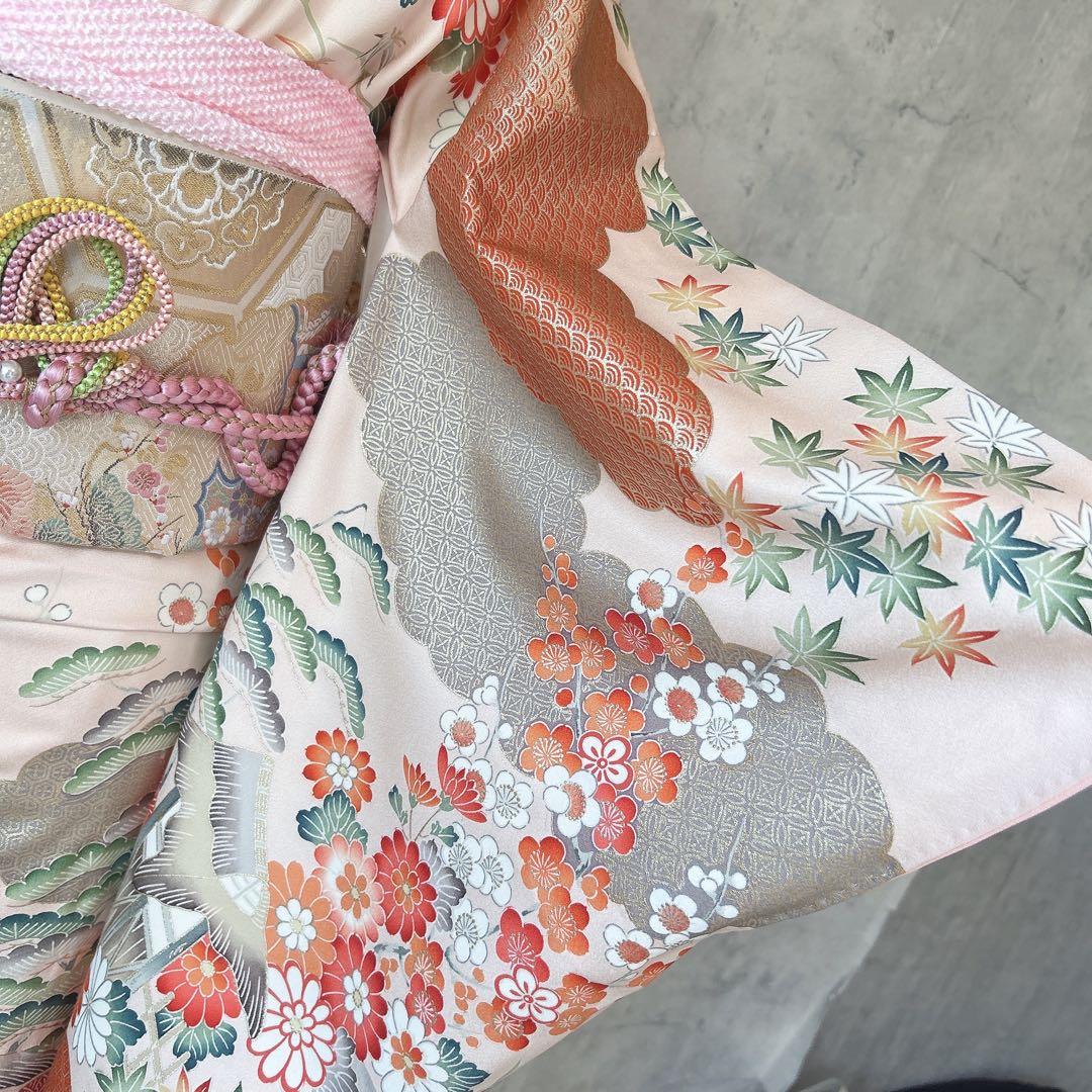 振袖フルセット　正絹　古典柄　難あり　ピンクベージュ　可愛い　m4