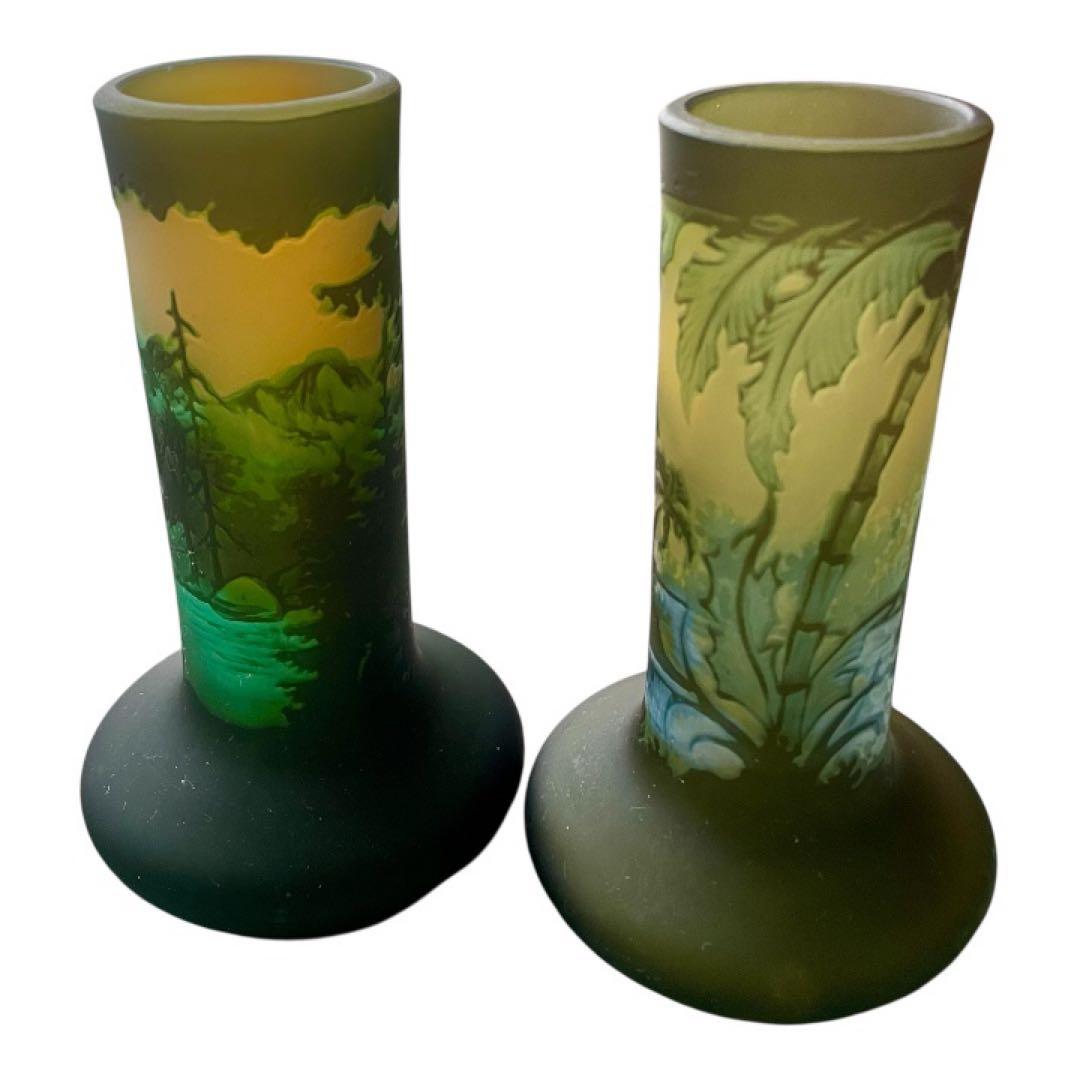 エミール・ガレ風 カメオガラス 花瓶 2点セット／風景文様（山と湖／海・椰子）