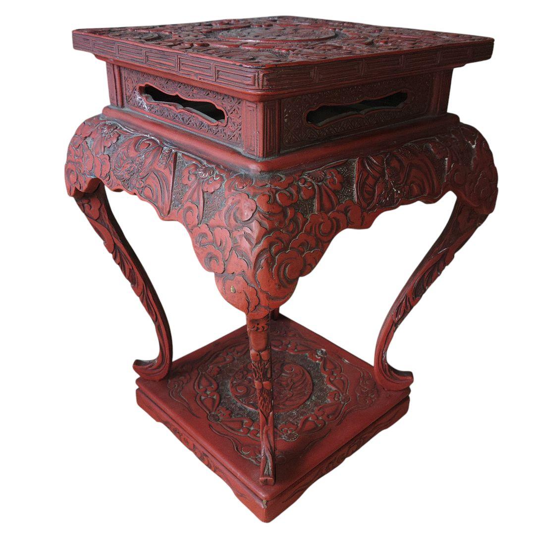 堆朱　草花文飾り台　古美術　伝統工芸　アンティーク