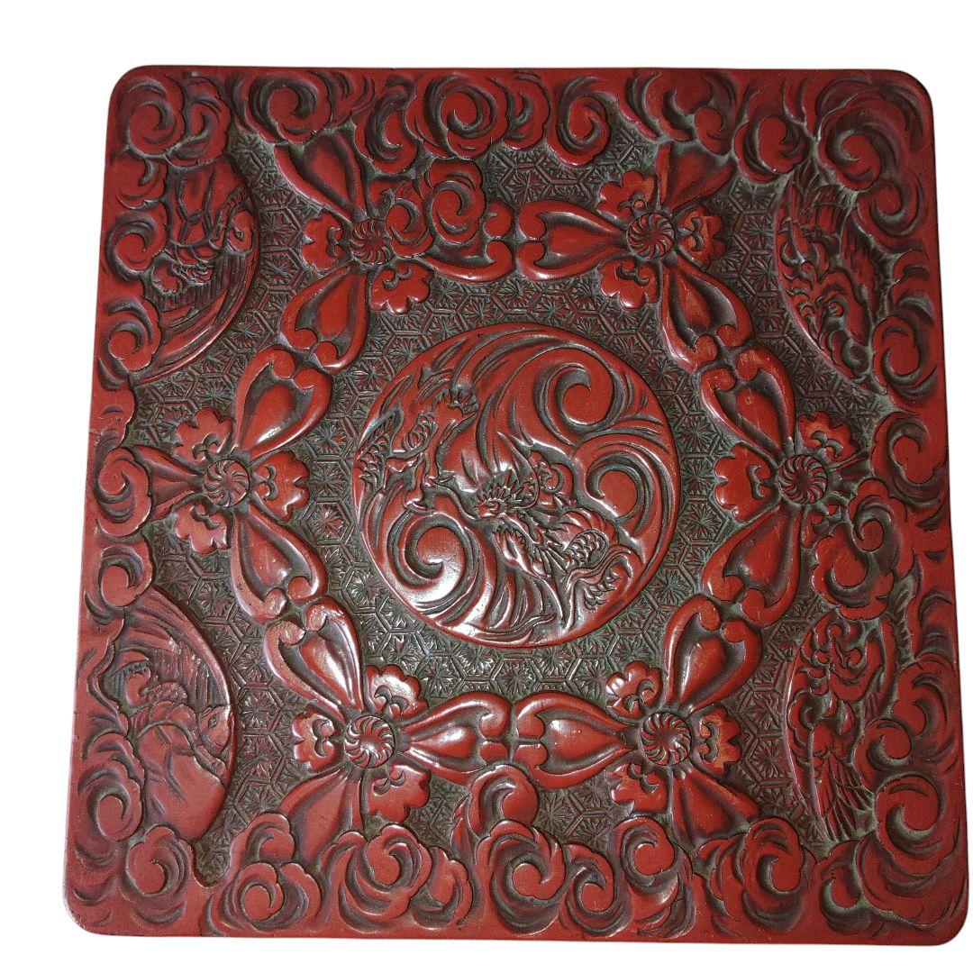 堆朱　草花文飾り台　古美術　伝統工芸　アンティーク