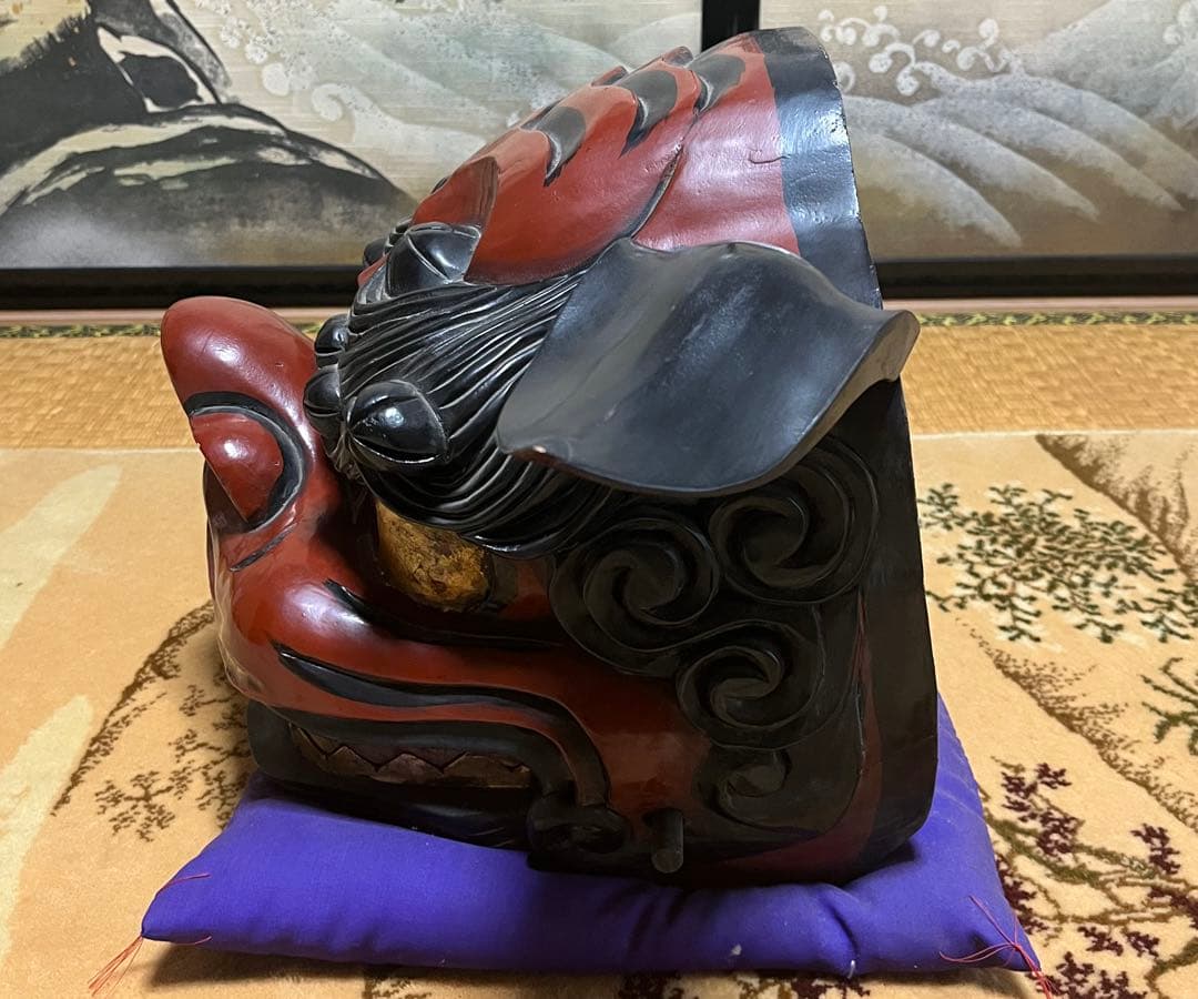 【木彫りの獅子頭】獅子舞　開閉式　縁起物　雌雄片方づつの出品　②