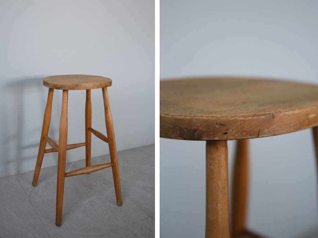 英国アンティーク木製スツール/丸椅子イス/踏み台/腰掛け/飾り棚(92-107)