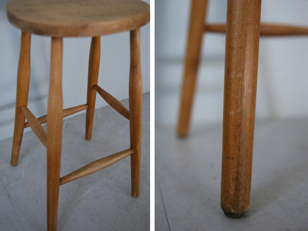 英国アンティーク木製スツール/丸椅子イス/踏み台/腰掛け/飾り棚(92-107)