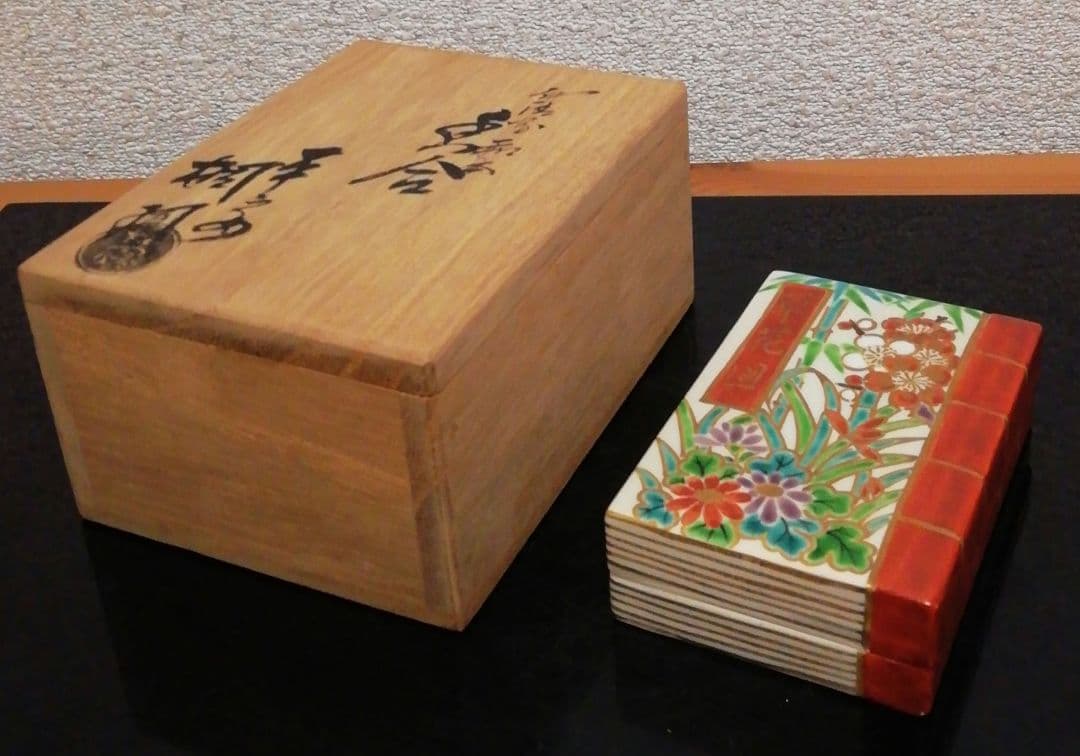手塚桐鳳作　仁清写　和本　草花図　香合　共箱　共布　茶道具
