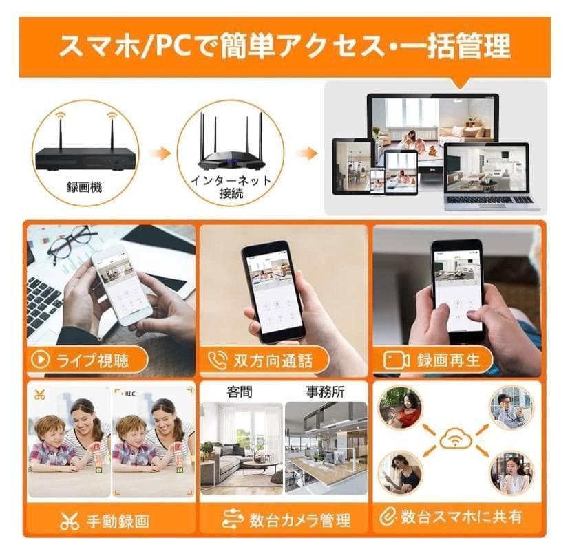 防犯カメラ ワイヤレス 無線 配線工事不要 500万画素 カメラ 4台付属