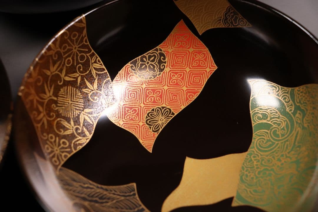 天然木漆塗 小紋伝統柄 蒔絵椀 五客 木箱入 黒塗 木製漆器 汁椀【CL65】