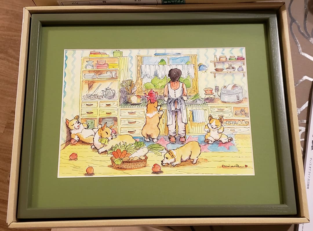 コーギーのプリント画　コーギーとキッチン