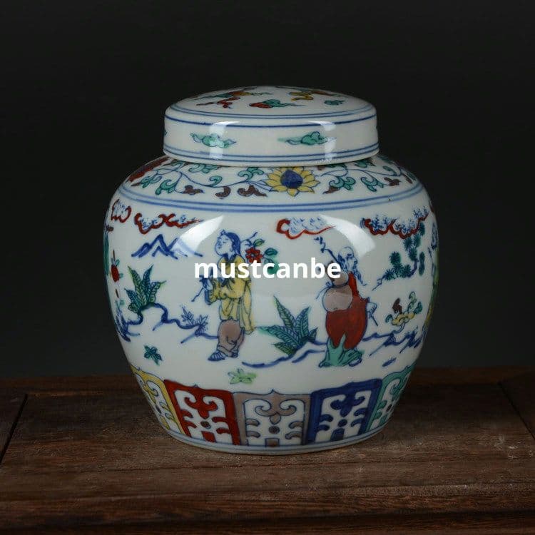 斗彩八仙天字缶 茶筒 景徳鎮 陶磁器 装飾品 現代工芸品 美術品 置物