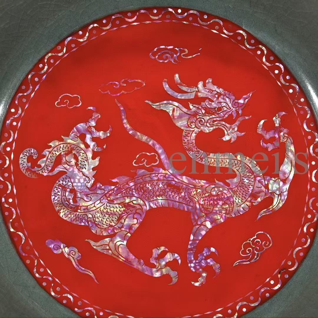 中国古美術・宋汝窯風螺鈿龍紋葵口中皿・陶器・置物・書道・茶道具・文房具・風水置物