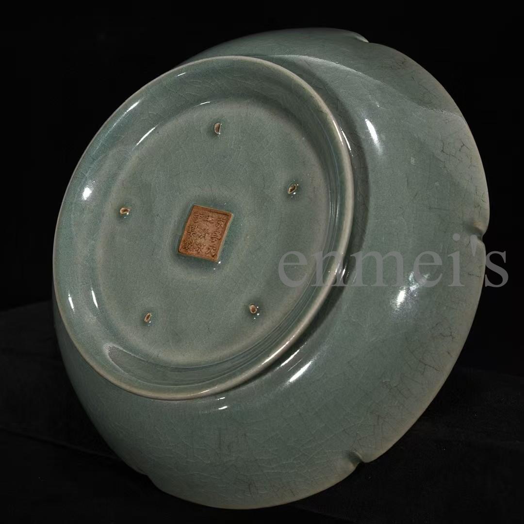 中国古美術・宋汝窯風螺鈿龍紋葵口中皿・陶器・置物・書道・茶道具・文房具・風水置物