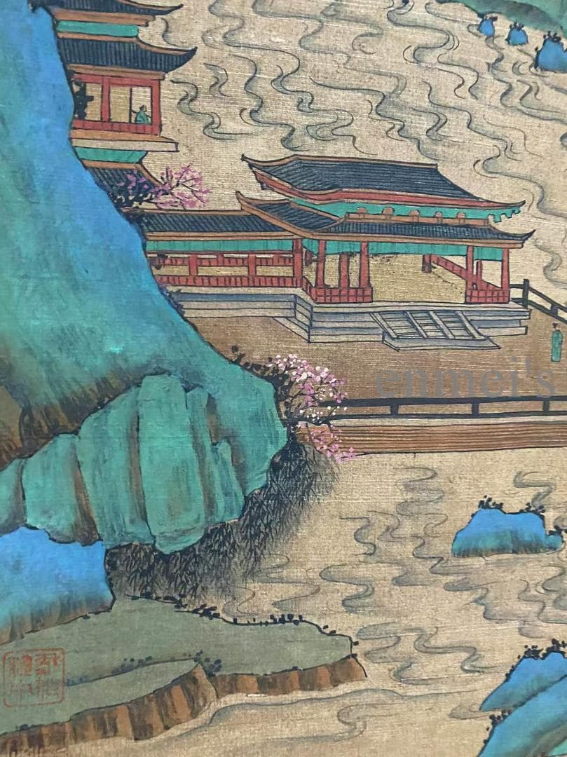 中国古美術 明代 謝時臣款 山水画 掛軸 手描き 絹布 唐物 書画 国画 在銘