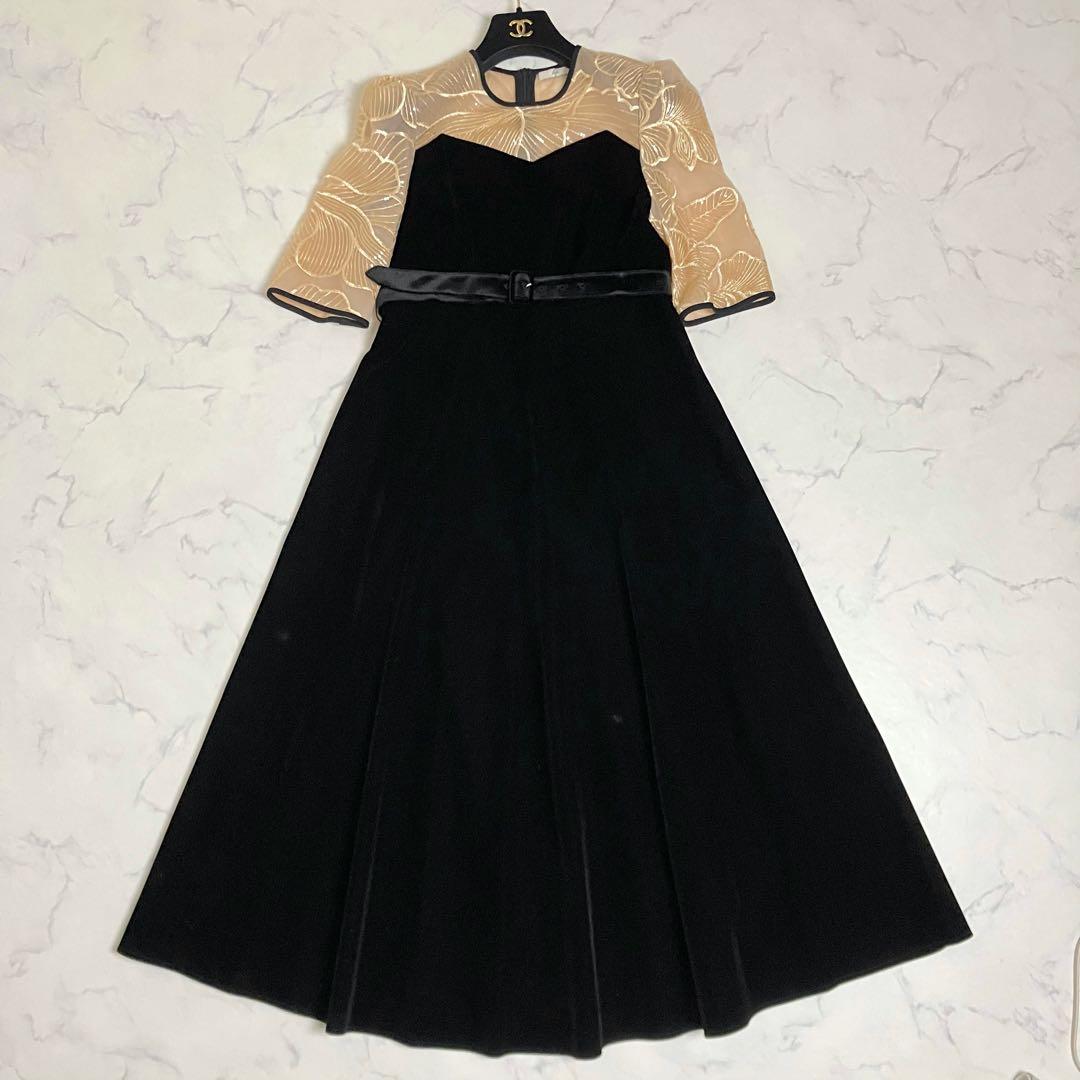 LEJA ビスチェ風 ウエストベルト付 花柄レースキラキラ刺繍 ドレスワンピース