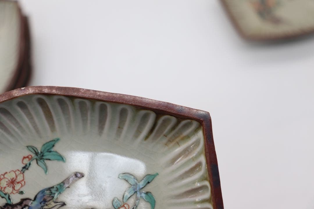 江戸　九谷焼菱型小皿5点　花鳥紋　送料込み0211