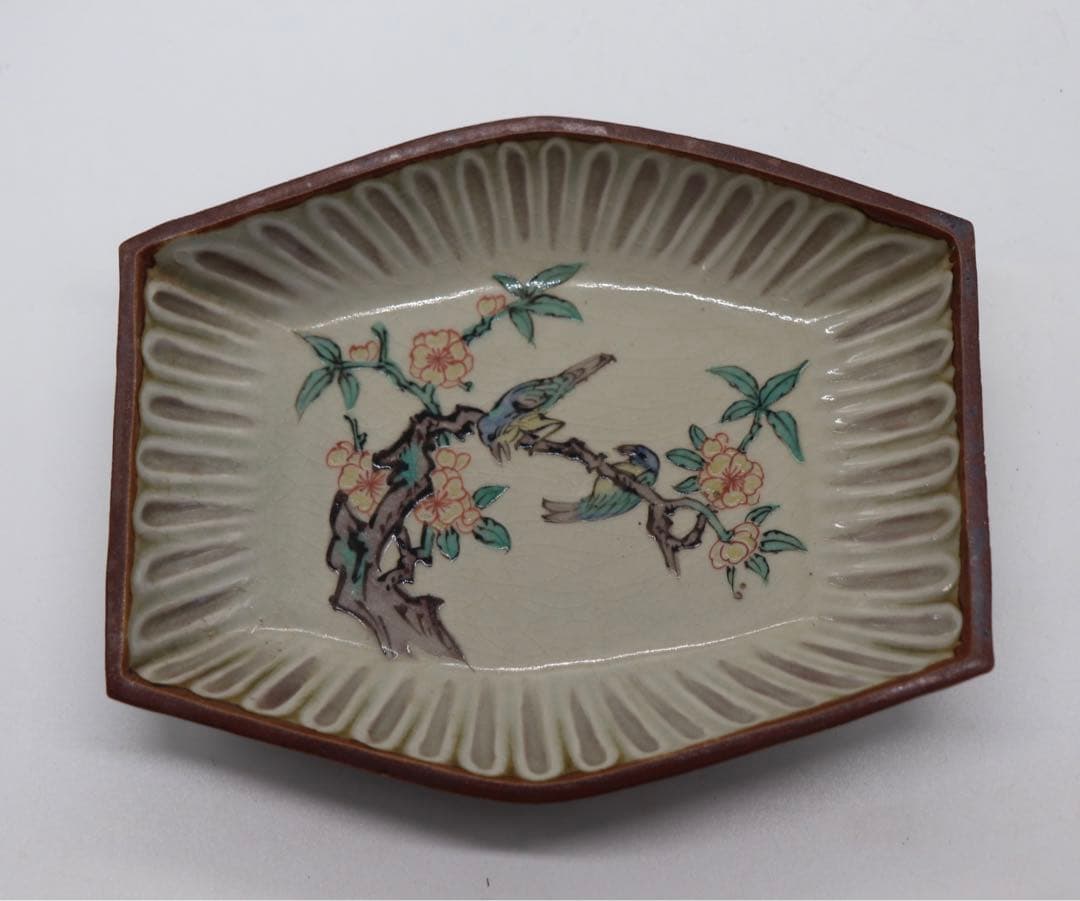 江戸　九谷焼菱型小皿5点　花鳥紋　送料込み0211