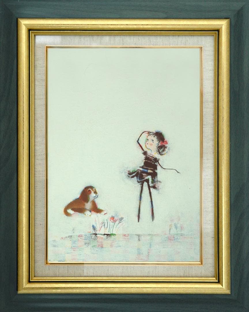 油絵 菅家令子 絵 絵画インテリア 額付(黒) F4-072319 子犬と女の子