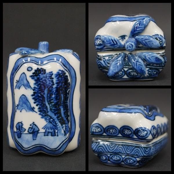 昭阿弥造 染付『山風景人物文』横瓜香合 染付香合 箱付 / 香道具 茶道具