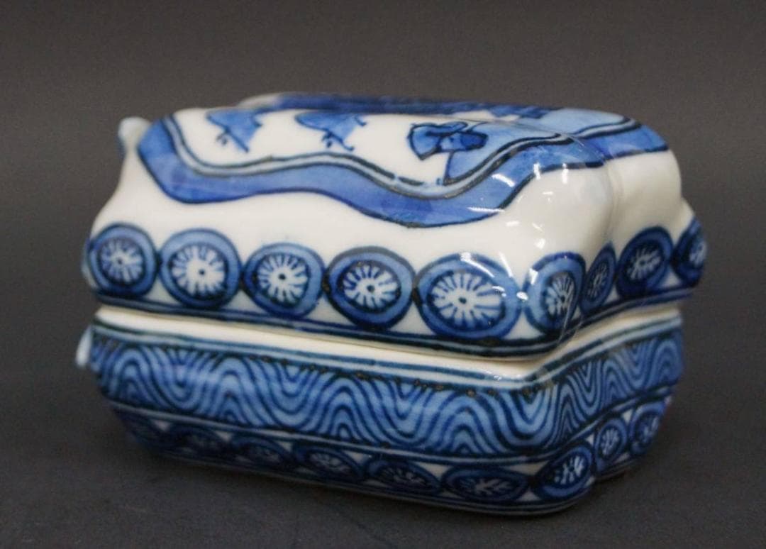 昭阿弥造 染付『山風景人物文』横瓜香合 染付香合 箱付 / 香道具 茶道具