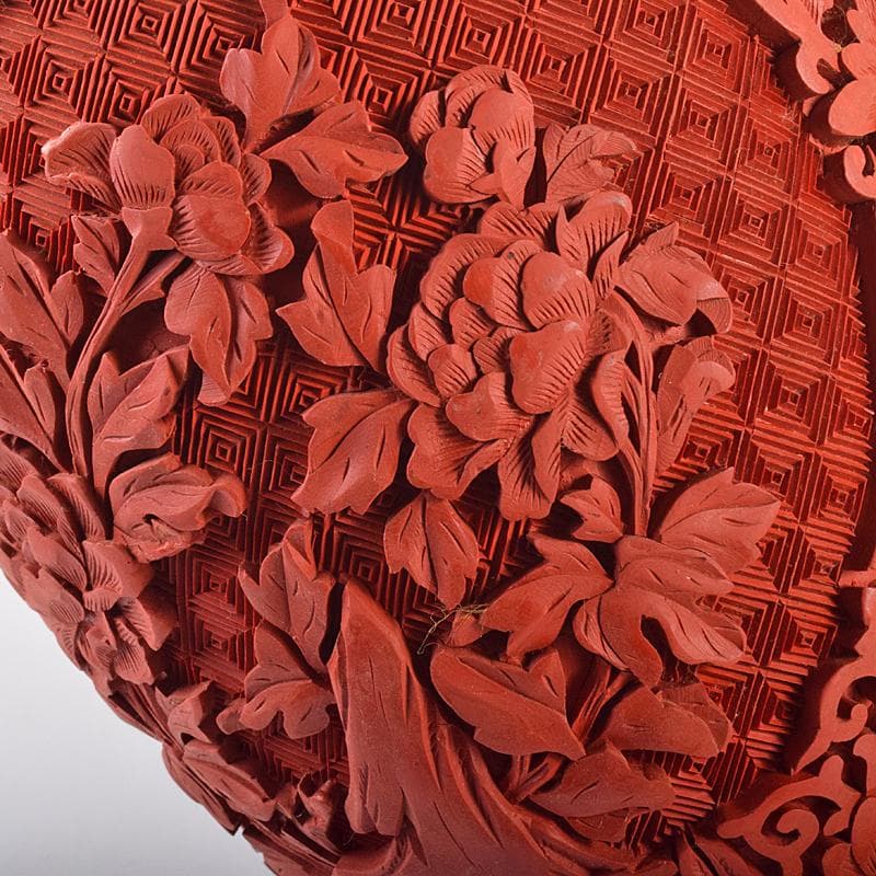 中国　剔紅　堆朱　内七宝　花文瓶　高さ約30㎝　唐木台付　一對　F　R7851B