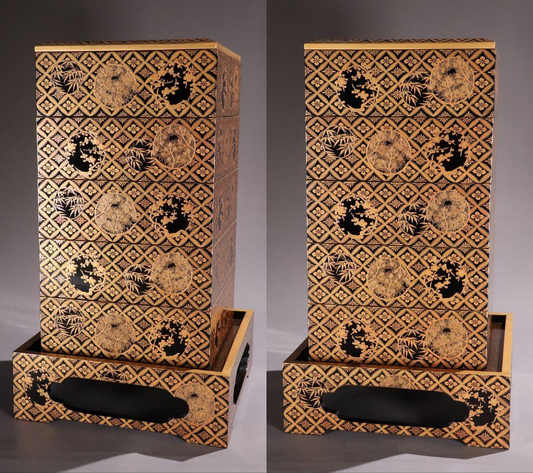 MA322 時代木製漆器 総蒔絵総梨地 花七宝 花の丸蒔絵 五段重 山水 二枚蓋