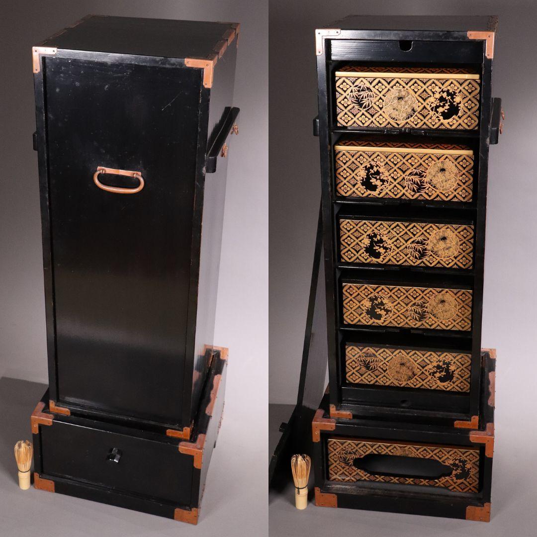 MA322 時代木製漆器 総蒔絵総梨地 花七宝 花の丸蒔絵 五段重 山水 二枚蓋