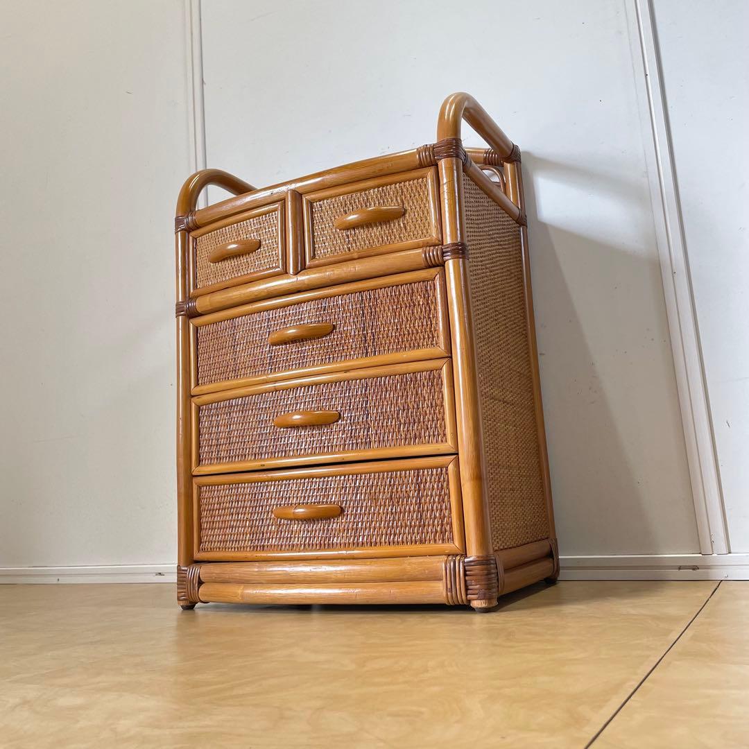 籐 ラタン 4段チェスト 引き出し 収納 タンス 箪笥 電話台 ビンテージ