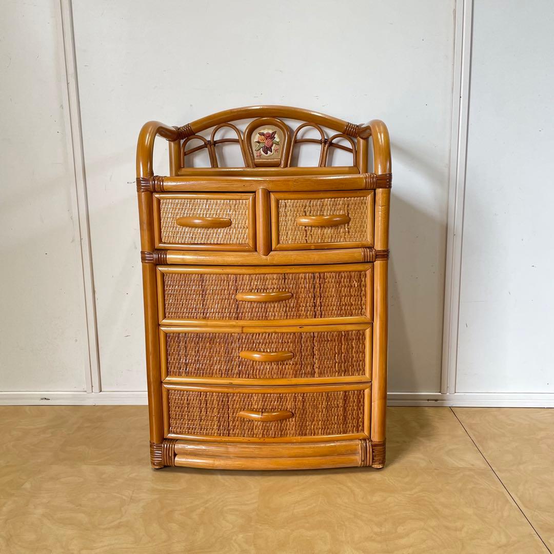 籐 ラタン 4段チェスト 引き出し 収納 タンス 箪笥 電話台 ビンテージ