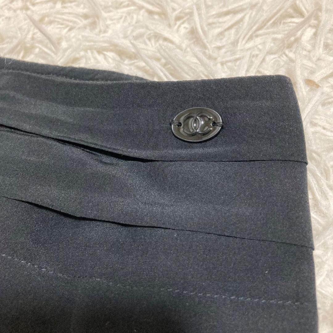 CHANEL ココマーク 切替 フリル プリーツ スカート シルク100% 黒