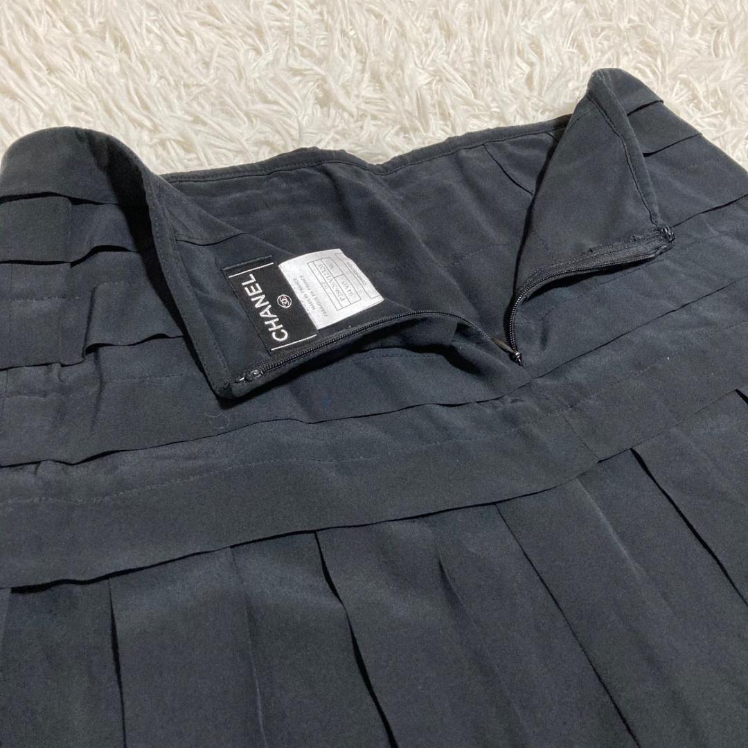 CHANEL ココマーク 切替 フリル プリーツ スカート シルク100% 黒