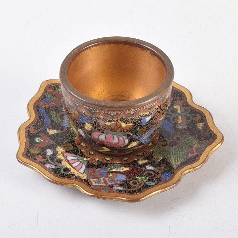 中国　古七宝琺瑯彩　神獣文　煎茶碗　茶托　D　R9211