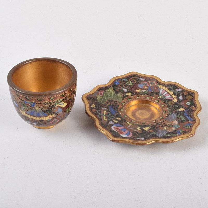 中国　古七宝琺瑯彩　神獣文　煎茶碗　茶托　D　R9211