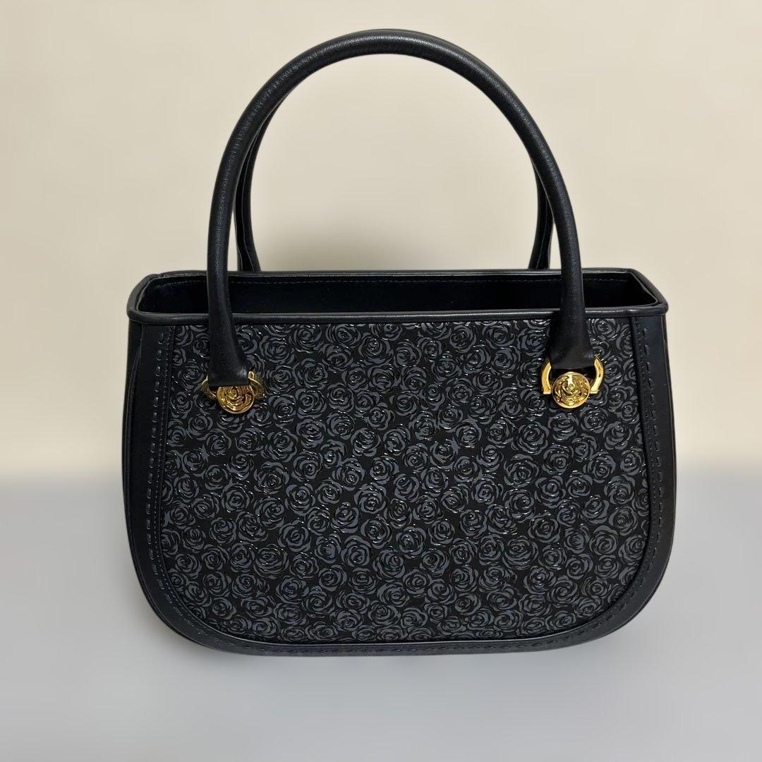 【新品未使用】印傳屋　バラ模様 黒 レザーハンドバッグ