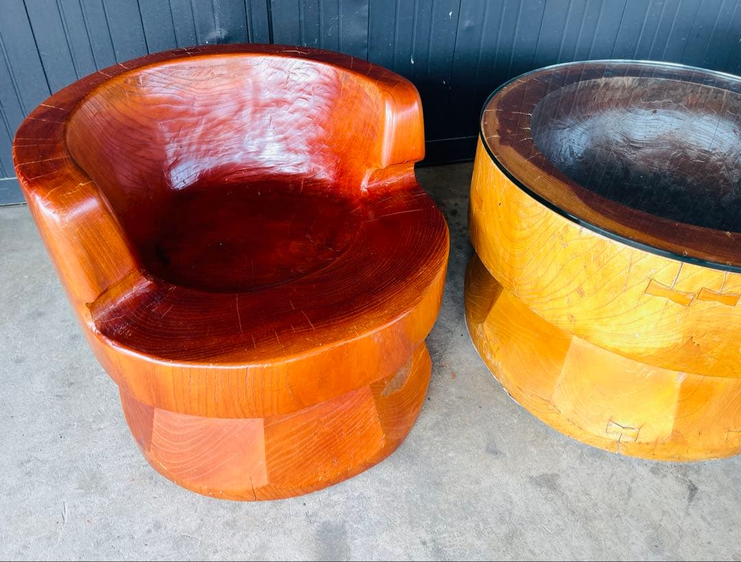 臼　ケヤキ　テーブル　イス　3点セット　古民家