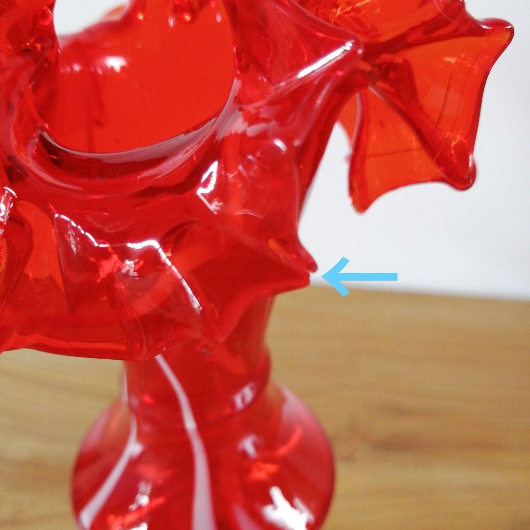 赤いフリルの花瓶　マーブル　吹きガラス　大正浪漫