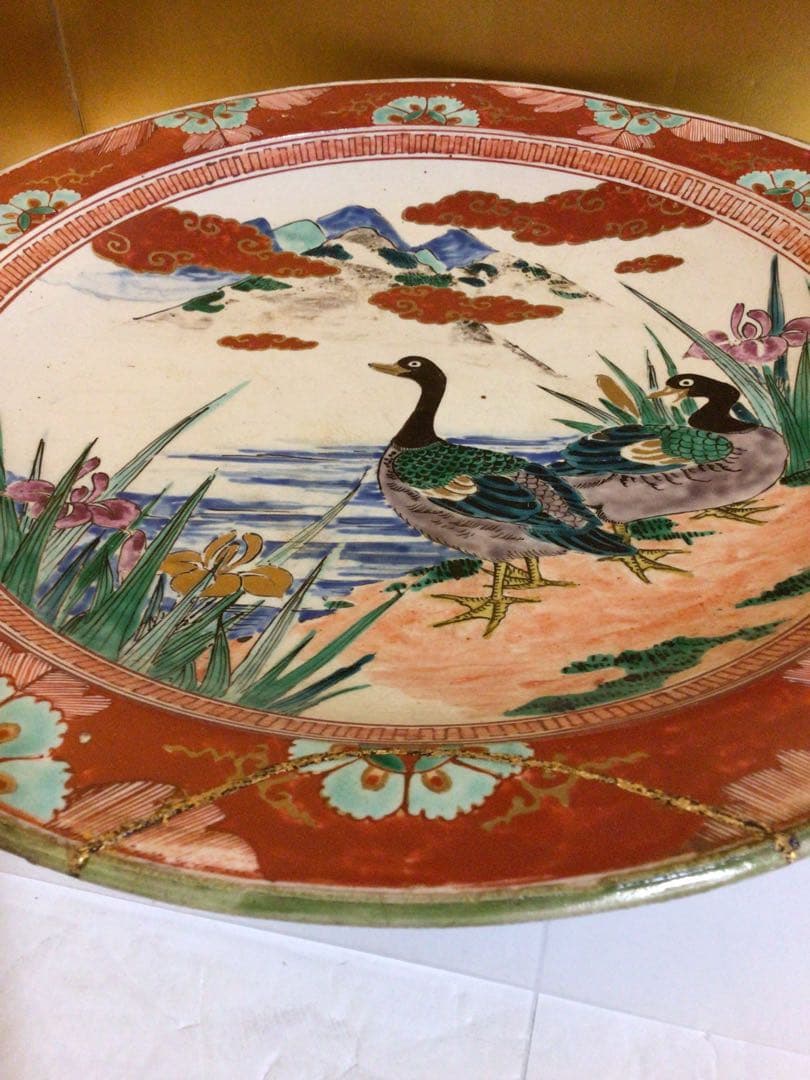 古九谷？ カモが可愛い大皿　木箱付き