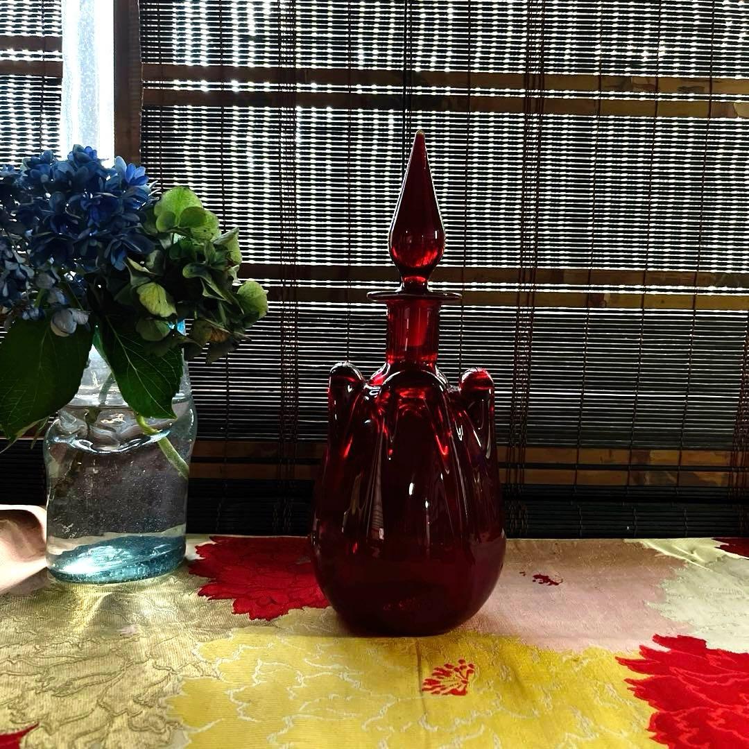 骨董　時代ガラス　銅赤被せガラス　古作　水差し　デカンタ カラフェ