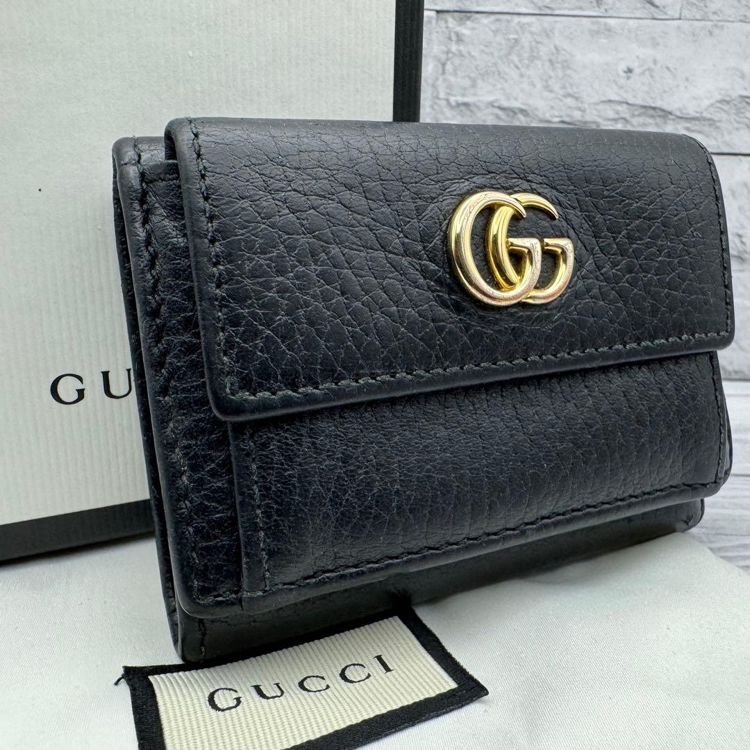 【美品】GUCCI　三つ折り財布　マーモント　GG　レザー　ブラック