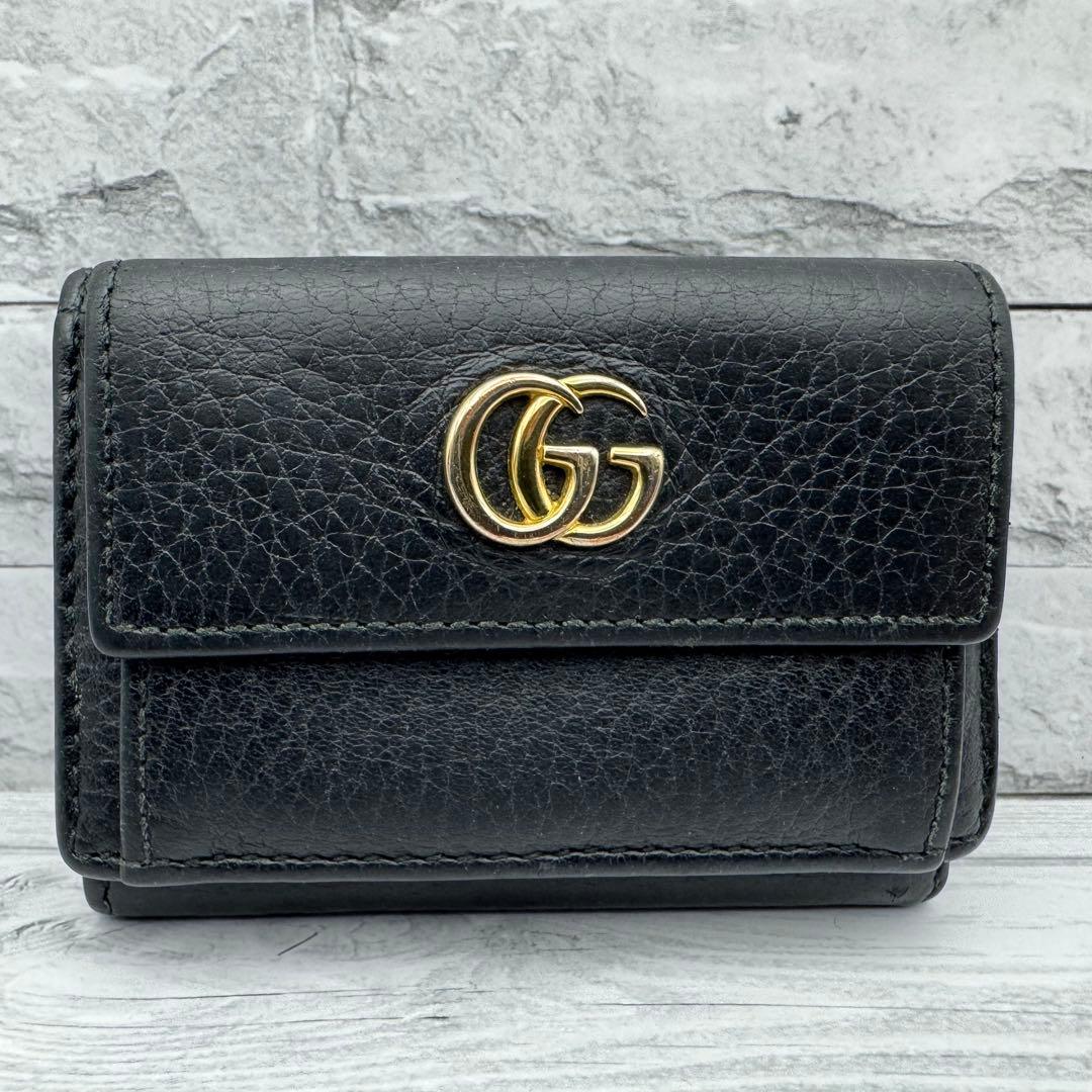 【美品】GUCCI　三つ折り財布　マーモント　GG　レザー　ブラック
